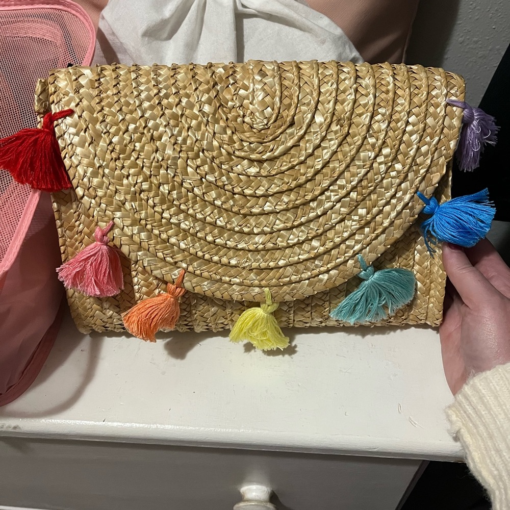 The Tiny Tassel Straw Rainbow Clutch